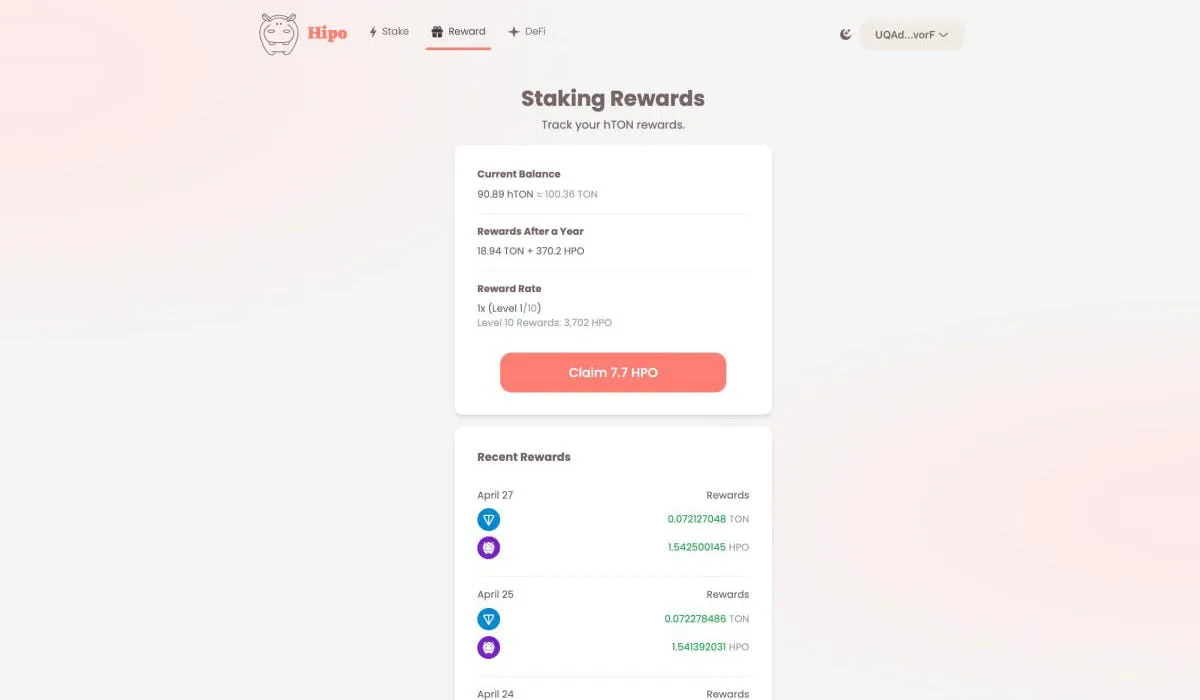 The Hipo app's Staking Rewards page for the benchmark wallet: a 1x (Level 1) reward rate, a Claim 7.7 HPO button and the daily TON and HPO rewards