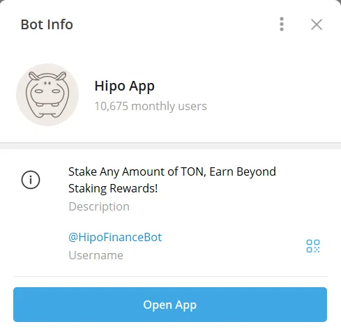 Telegram bot info for the Hipo App mini app, @HipoFinanceBot, showing 10,675 monthly users