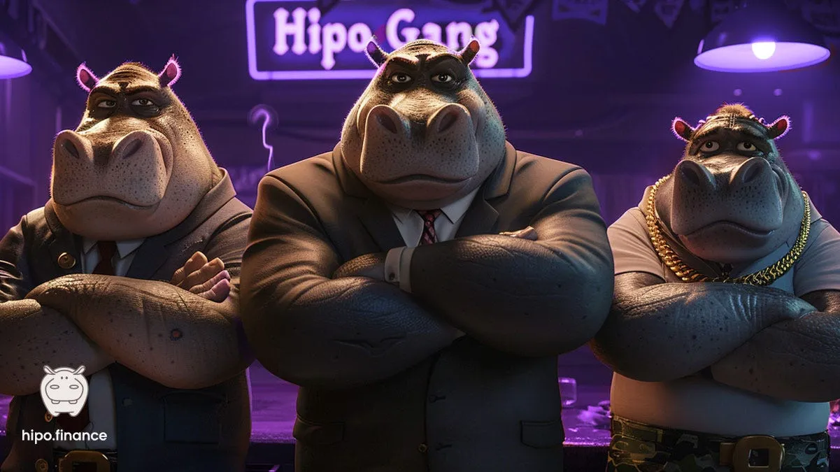 Three hippos in suits with crossed arms under a neon Hipo Gang sign