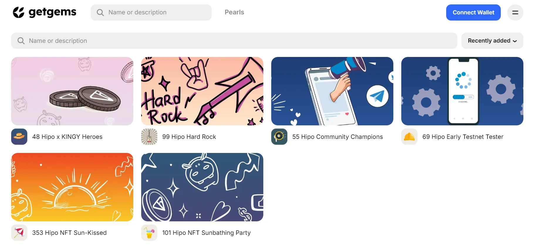 Hipo's NFT collections on Getgems, including Hipo x KINGY Heroes, Hipo Hard Rock, Hipo Community Champions, Hipo Early Testnet Tester, Hipo NFT Sun-Kissed and Hipo NFT Sunbathing Party