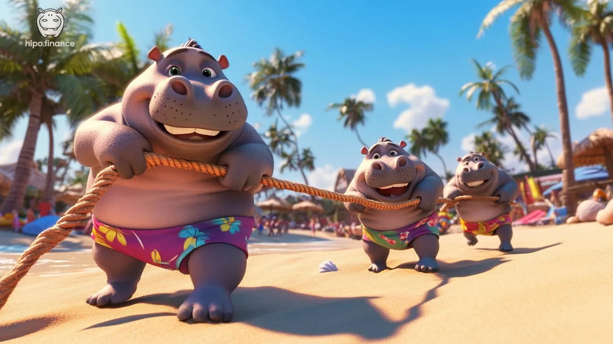 Three cartoon hippos playing tug of war on a beach
