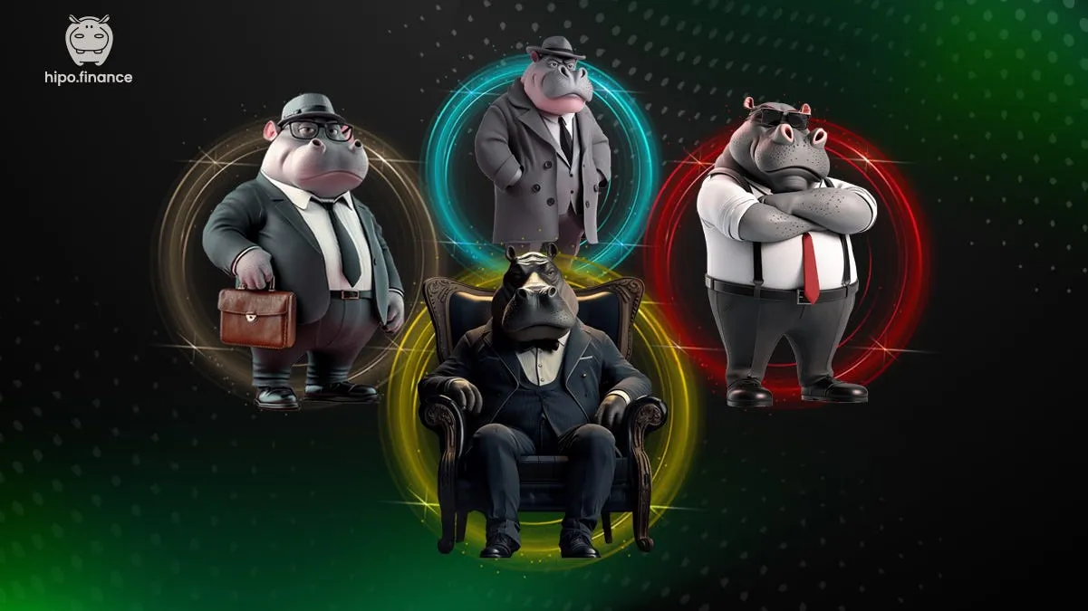 Four cartoon hippo characters in suits, each inside a glowing colored ring