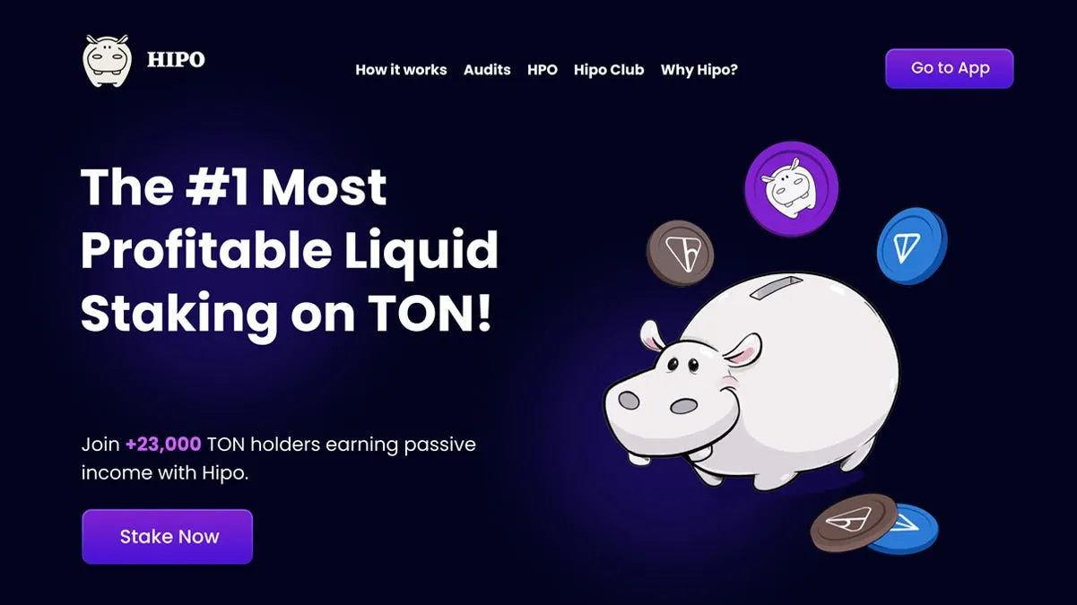 The Hipo website's redesigned landing page, with a Stake Now button and a hippo piggy bank surrounded by coins