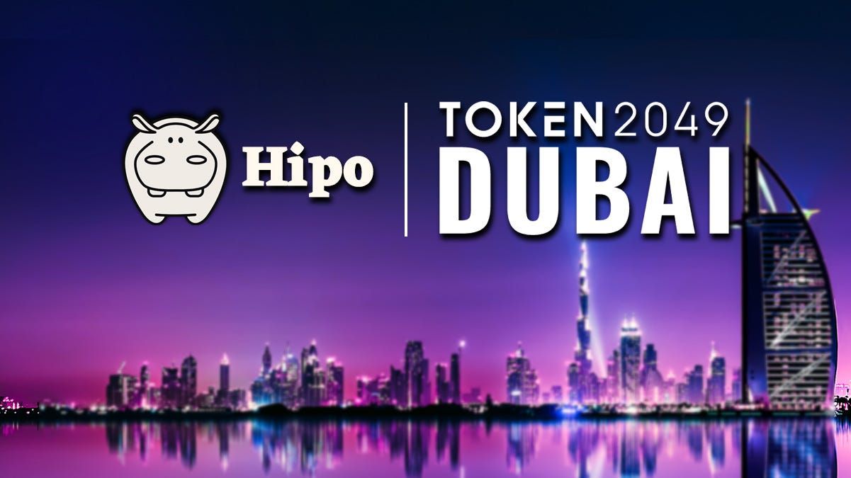 The Hipo and Token2049 Dubai logos over the Dubai skyline at night