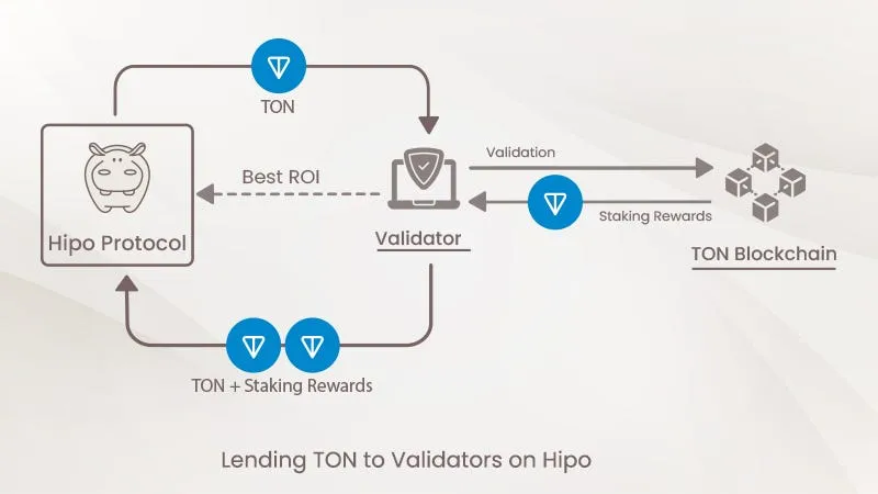 Diagram of lending TON to validators on Hipo: the protocol lends TON to the validator offering the best return, the validator validates on the TON blockchain and earns staking rewards, then returns the TON plus rewards