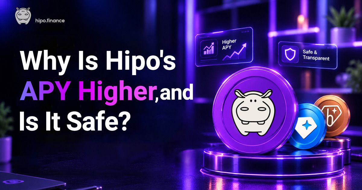 A purple Hipo coin on a podium beside two smaller coins, with the title: Why Is Hipo's APY Higher, and Is It Safe?